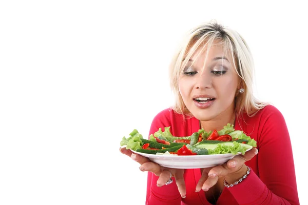Chica con ensalada aislada en blanco — Foto de Stock