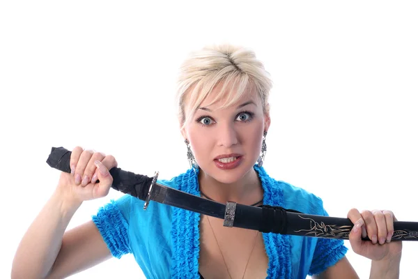 Blonde holding in her hands a katana — Stock Photo, Image