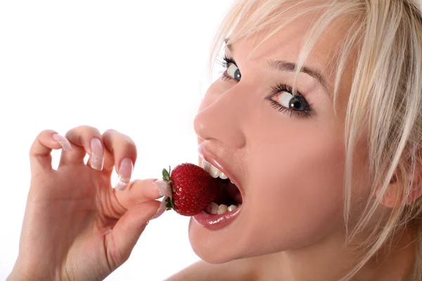 Girl with fresh strawberry — Stock Photo, Image