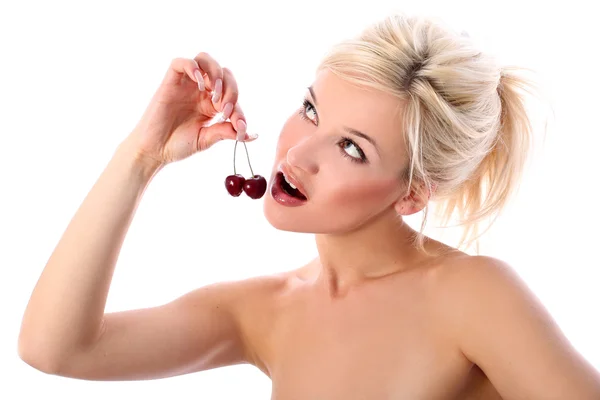 Blonde with fresh cherry — Stock Photo, Image