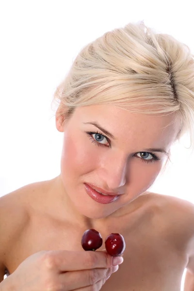 Blonde with fresh cherry — Stock Photo, Image