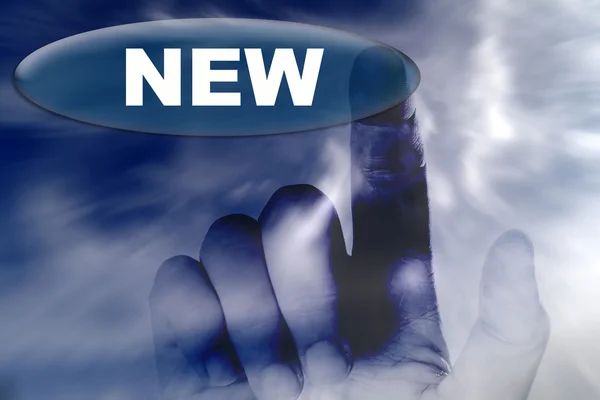 Hand and button with word of NEW — Stock Photo, Image