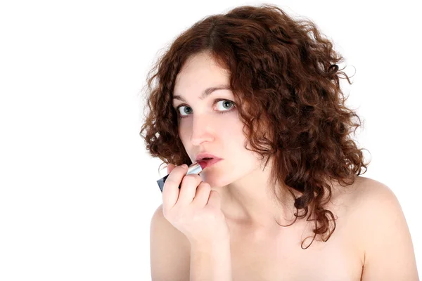 Meisje in badkamer met lippenstift — Stockfoto