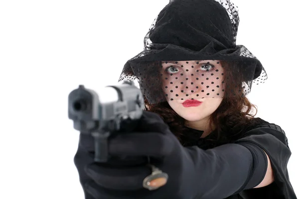 Flicka i hatt med pistol isolerad på vit — Stockfoto