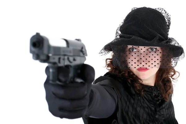 Chica en sombrero con arma aislada en blanco — Foto de Stock