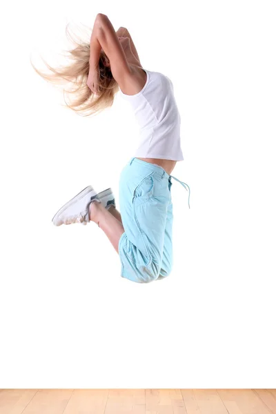 跳跃的女人现代体育芭蕾舞演员 — 图库照片