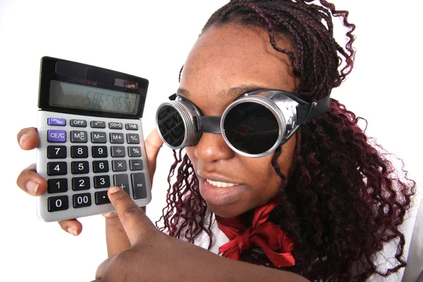 Afro amerikai elszigetelt fehér számológéppel — Stock Fotó