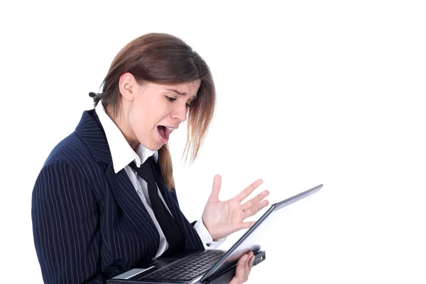 Krisen betonade affärskvinna med laptop — Stockfoto