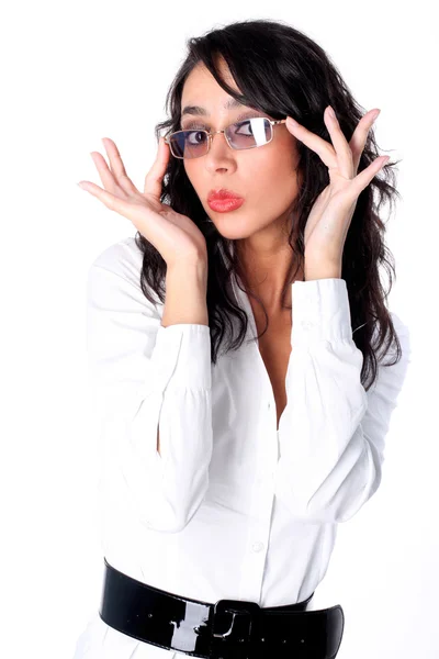 Donna d'affari sexy con occhiali isolati su bianco — Foto Stock