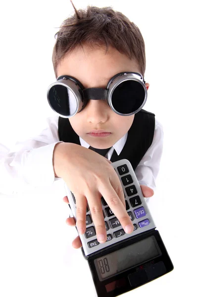 Hard time in learning - boy with calculator — Stock Photo, Image