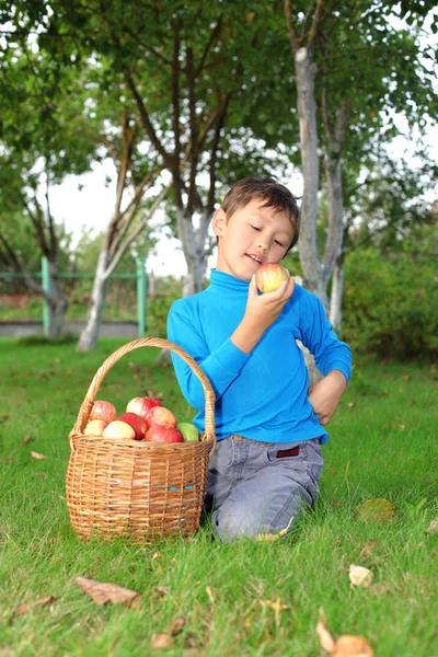 Μικρό αγόρι που θέτουν σε εξωτερικούς χώρους με μήλα — Φωτογραφία Αρχείου