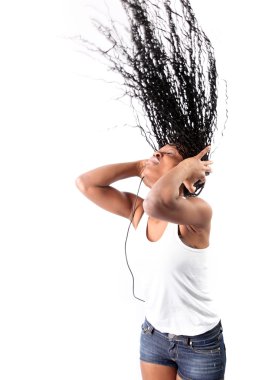 Afro-american with long hairs listen music in headphones isolate clipart