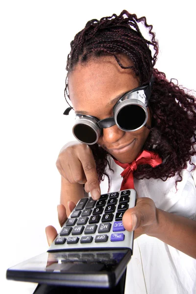 Афроамериканец с калькулятором, изолированным на белом — стоковое фото