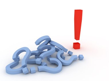 Unique sign on exclamation and heap of question marks clipart