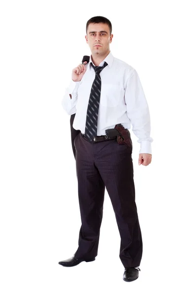 Young man in black suit with gun — Stock Photo, Image