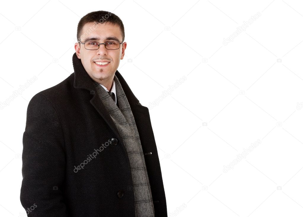 Smiling businessman in autumn coat