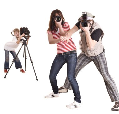 Happy family with three camera. clipart