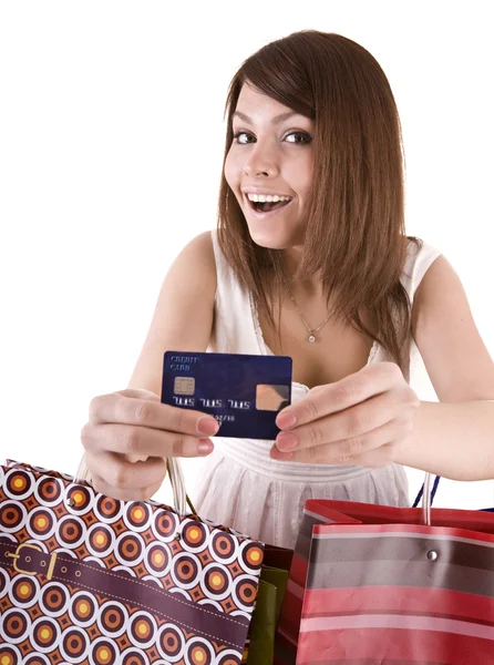 Flicka med väska och kreditkort. — Stockfoto