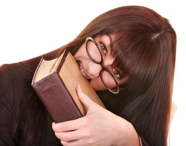 Clever girl in spectacles with group book. — Stock Photo, Image