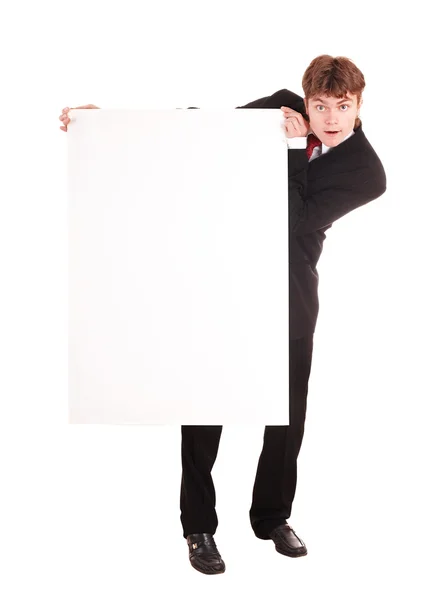 Biznesmen z białe transparent. — Zdjęcie stockowe