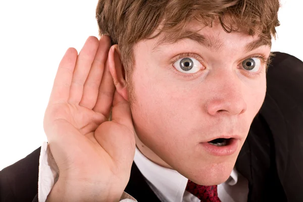 Üzletember kezedet fül közelében. — Stock Fotó