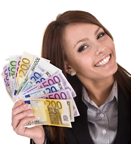Šťastná žena se skupinou peněz. — Stock fotografie