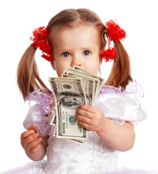 Dítě dívka s dolar bankovek. — Stock fotografie