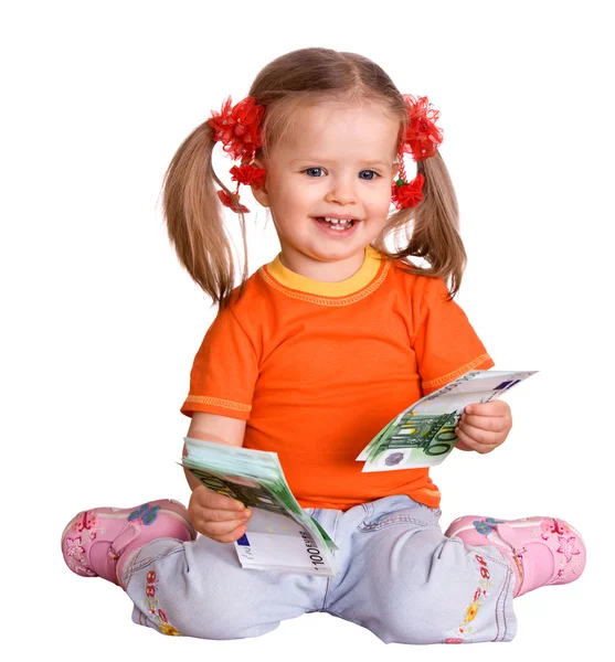 Dziecko dziewczynka w pomarańczowy t-shirt z pieniędzy euro. — Zdjęcie stockowe