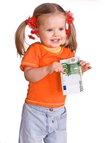 Baby in orangefarbenem T-Shirt mit Geld Euro. — Stockfoto