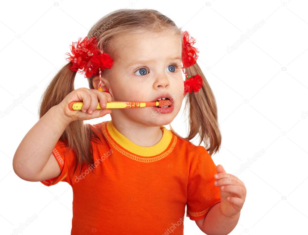 Child girl clean brush teeth.