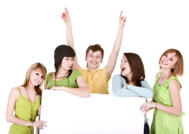 Group of with hand up take banner.