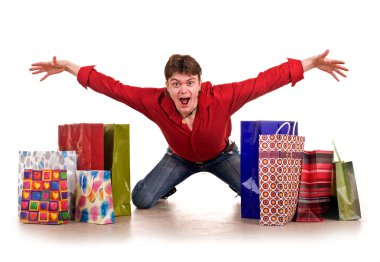 Cheerful funny happy shopping man. clipart