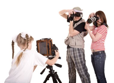 Happy family with three camera. clipart