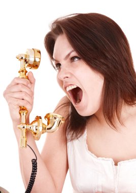 Aggressive young woman with phone. clipart