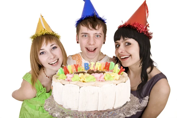 Groep tieners gelukkige verjaardag vieren. geïsoleerd. — Stockfoto