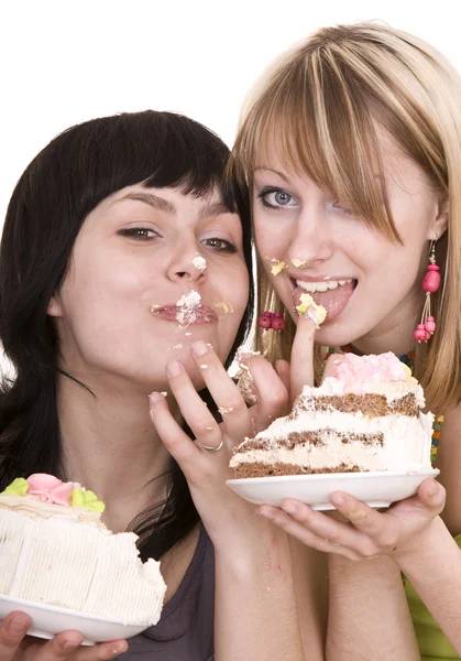 Two girl eating chocolate cake. — Stock Photo, Image