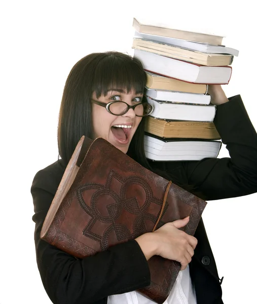 Clever girl with heap book. Isolated. — Stock Photo, Image