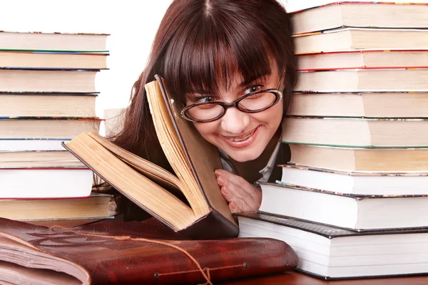 Clever girl in spectacles with group book. — Stock Photo, Image