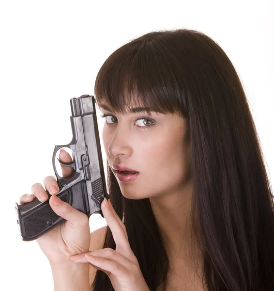 Charakterfrau mit Schusswaffenproblem. — Stockfoto