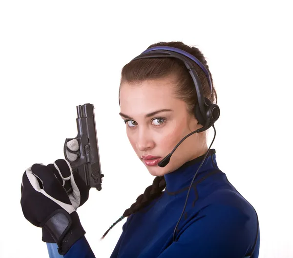 Frau mit Waffe unterstützt Kundin. — Stockfoto
