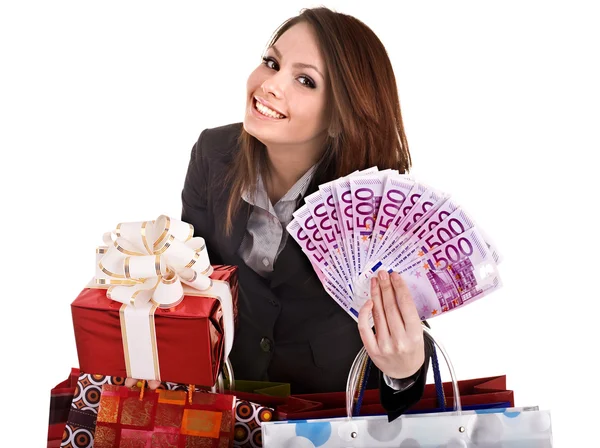 Girl in business suit with money euro, gift box, bag. — Stock Photo, Image