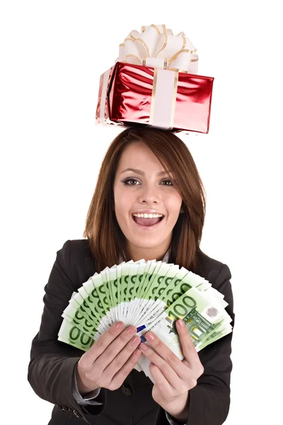 Mujer de negocios con dinero, caja de Navidad roja . — Foto de Stock