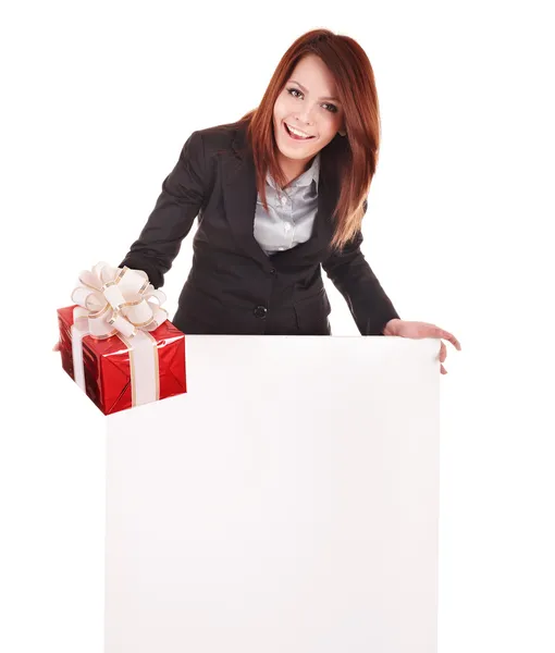 Biznes kobieta z pudełko, transparent. — Zdjęcie stockowe