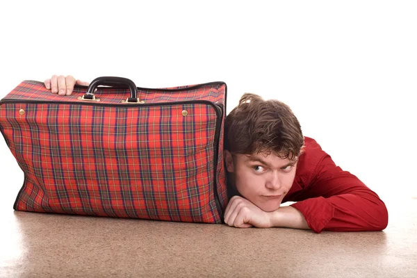 旅行スーツケースと幸せな男 . — ストック写真