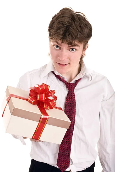 Man with white gift box. — Stock Photo, Image