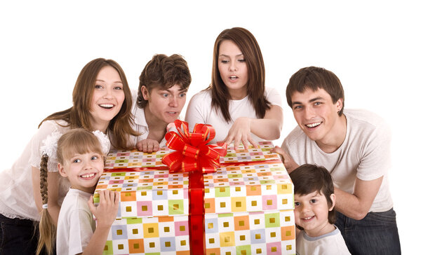 Happy family with gift box.