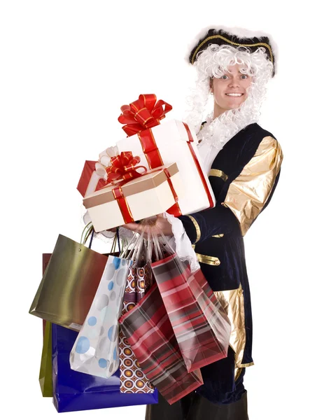 Adam eski kostüm ve kutu hediye alışveriş. — Stok fotoğraf