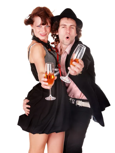 Couple man and girl with wine dance. — Stock Photo, Image