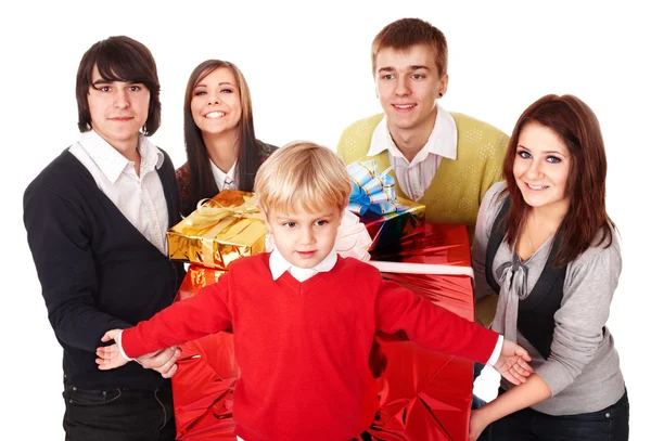 Boldog család-val piros ajándék doboz. — Stock Fotó