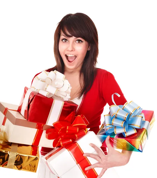 Beautiful girl in red with group gift box. — Stock Photo, Image